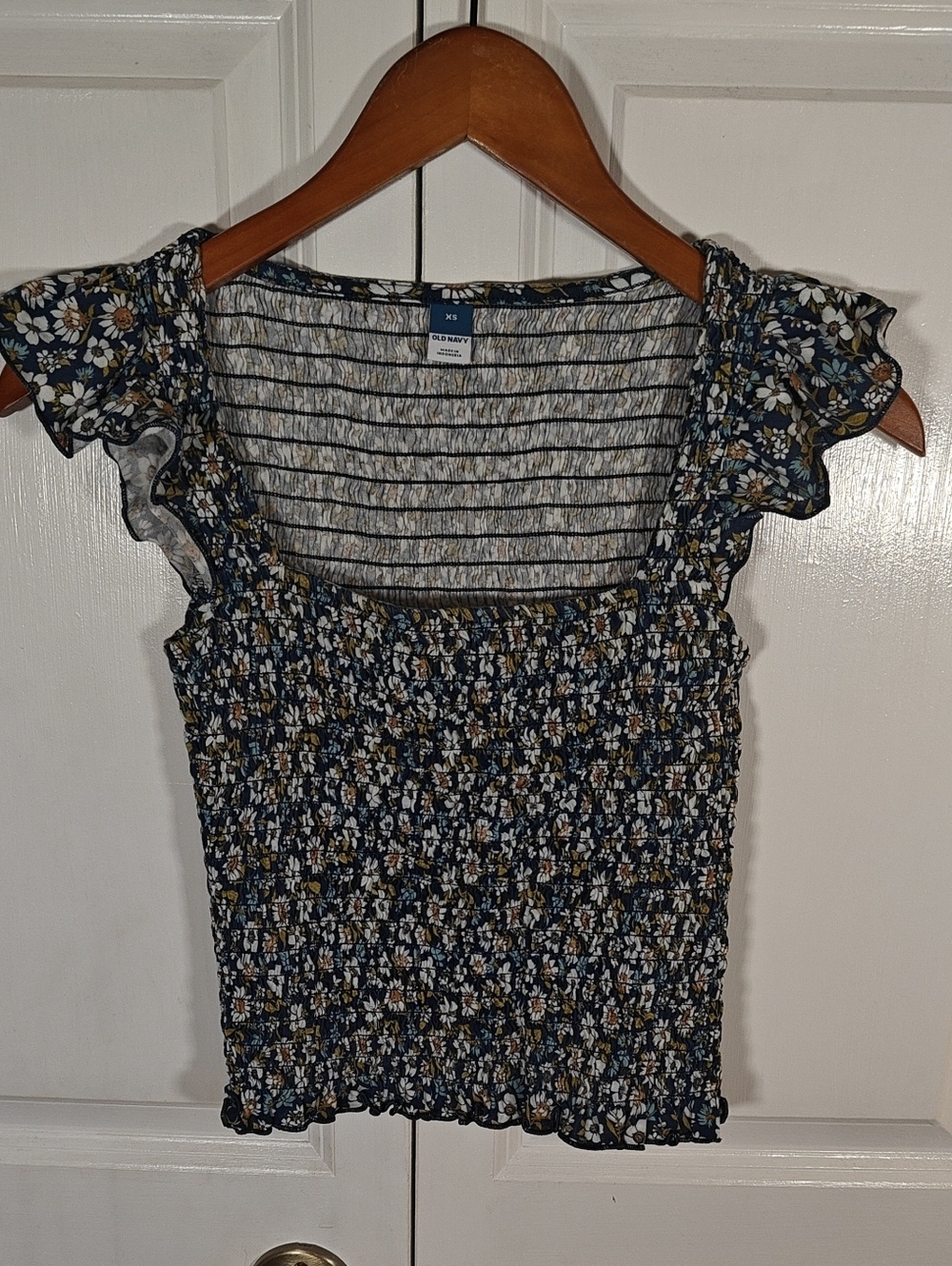 Old Navy Womens Navy Blue Floral Smocked Square Neck Ruffle Crop Top XS